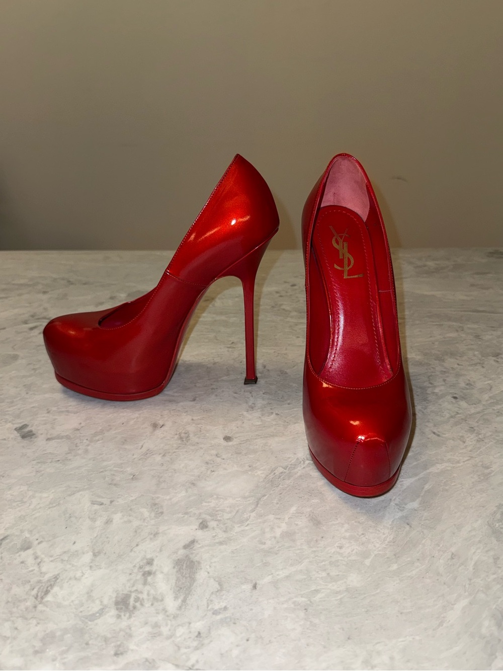 Yves Saint Laurent Vintage Red Patent Leather Tribtoo Platform Heels